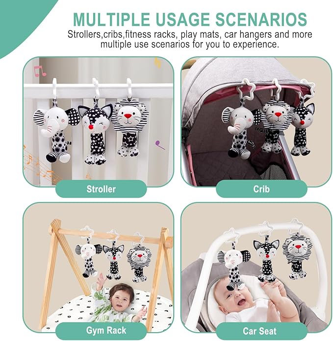 Black & White Baby Wind Chime Hanging Toys - High Contrast Rattles for Newborns 0-12 Months, Stroller & Car Seat Mobile, Hanging Rattle Toys for Babies, Clip Hanging Plush Squeeze Toys