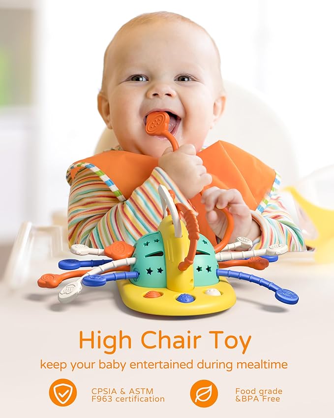 VoMii High Chair Toys with Suction Cup, Montessori Sensory Toys for 1 Year Old Fine Motor Skills,Food Grade Silicone Pull String Activity Gift for Baby Infant Toddlers