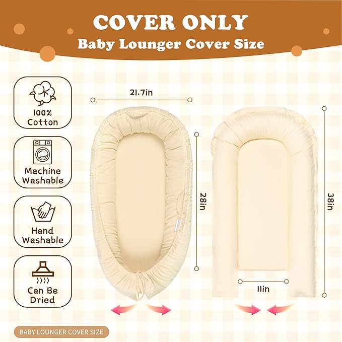 Baby Lounger Cover for Boys and Girls, Beige 100% Cotton Baby Nest Cover, Breathable Replacement Cover for Infant and Newborn Snuggle Me Lounger, Cover Only