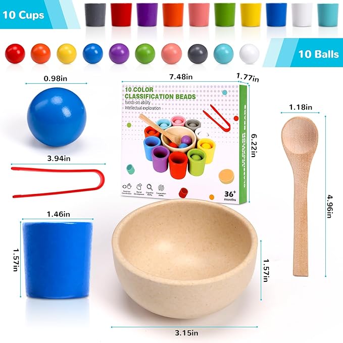 10 PCS Rainbow Balls in Cups, Mini Wood Classification Cup Game, Rainbow Sorting Balls with Spoon and Tongs, Preschool Learning Educational Montessori Matching Games for 3+ Year Old