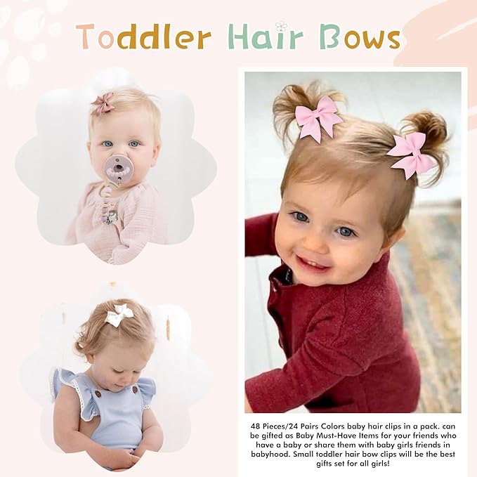 48PCS 2inch Hair Clips, OAOLEER Fully Lined Bows Hair Pins Tiny Alligator Clips for Girls Infants Toddlers 24 Colors in Pairs (Style A-48pcs)