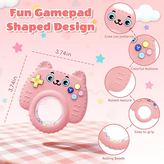 Silicone Baby Teething Toys for 0-6-12 Months, Kitten Remote Rattle Teether for Infant Gum Relief, No BPA Chew Toy for Infant 0-3-6-9-12, Easy-Grip Ring Gift for Travel & Bath