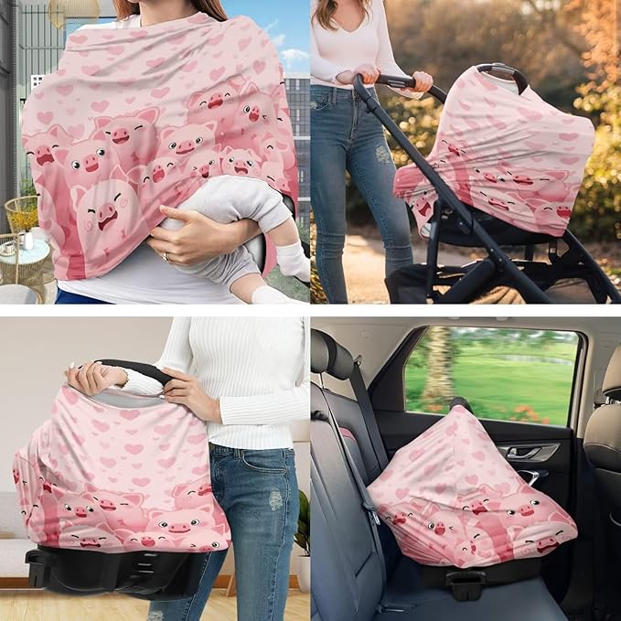 Pink Pigs Baby Car Seat Cover High Stretchy Baby Nursing Pillow Cover 2pcs Baby Essentials Sets Hearts Babies Shower Stuff for Newborn Baby Feeding Essentials