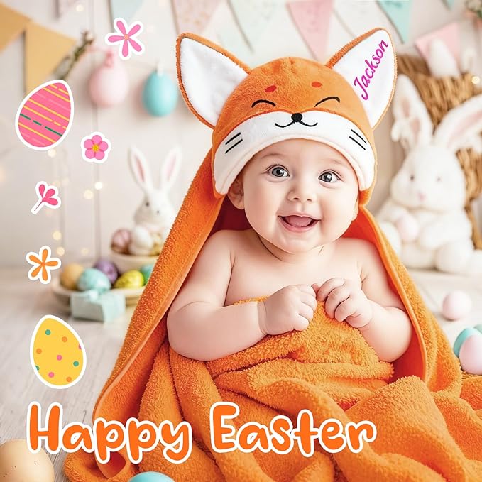 Custom Hooded Baby Towels with Name, Personalized Bunny Easter Gifts for Toddlers, Custom Baby Bath Towels for Newborn, Ultra Soft and Absorbent, Ideal for Girl Boy (Fox)