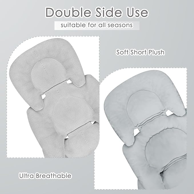 Infant Car Seat Insert for Newborn Girls Boys, Summer Mesh Baby Carseat Inserts with Strap Pads, Soft Reversible Baby Car Seat Insert Cushion Pad for Stroller, Bouncer, Swing, High Chair, Gray