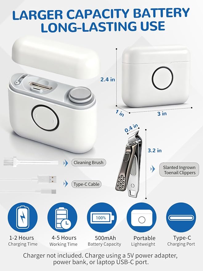 ONEDONE Electric Nail Clipper - 3-in-1 Rechargeable Baby Nail Trimmer Electric Nail File with Dual Blades 3 Speeds Fingernail Grinder Safe for Baby Women Seniors w/Ingrown Toenail Clippers