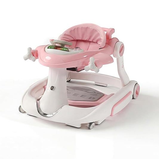 7 in 1 Foldable Baby Walker, Infant Activity Walker w/Adjustable Height, Detachable Play Tray with Music & Light, Baby Push Walker with Wheels for Boys Girls 7-18 Months, Speed Control, Pink