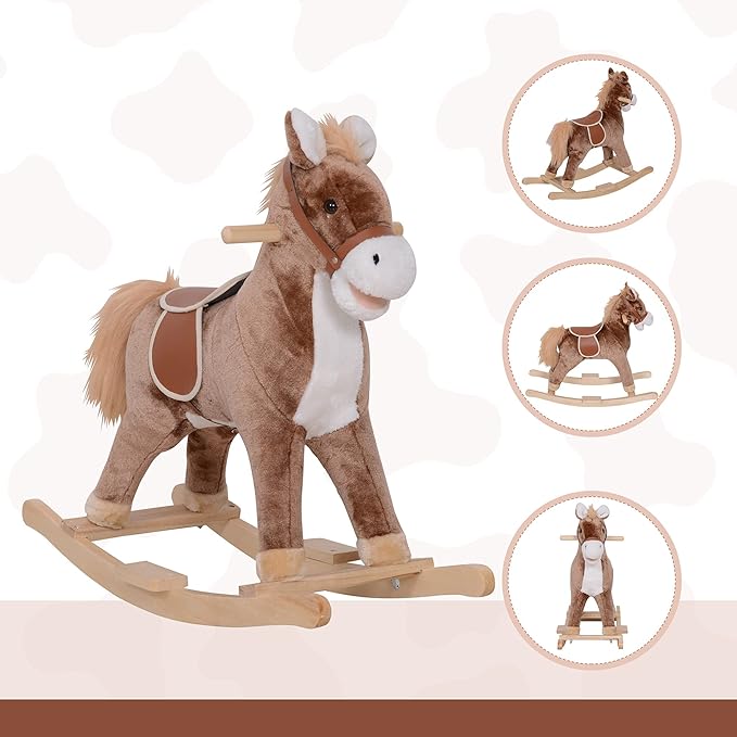 Qaba Kids Rocking Horse, Ride on Horse for Toddlers with Soft Plush Body, Wooden Base & Handle Grip for 3+ Year Old Boys and Girls, Brown