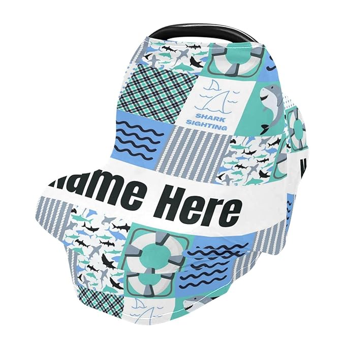 Personalized Cute Shark Plaid Baby Car Seat Cover for Babies with Name, Custom Baby Car Seats Canopy for Boys, Nursing Breastfeeding Stroller Covers Infant Car Seat Blanket for Newborn