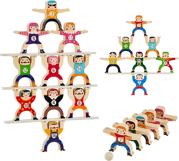 HELLO PAPAYA Wooden Stacking Toys 16Pcs Balancing Building Blocks Game,Circus Hercules Acrobatic Troupe Interlock Toy,for 3 4 5 6 Years Old Kids Adults Toddler Puzzle Toys