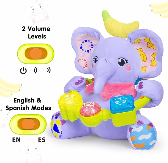 Ryotagift Baby Bilingual Musical Elephant Stuffed Animals Toys,Infant Early Learning Toy with Light-Up Music & Crinkle,Tummy Time Toys for 0 3 6 9 12+ Months for Baby Boy Girl Gift,Purple