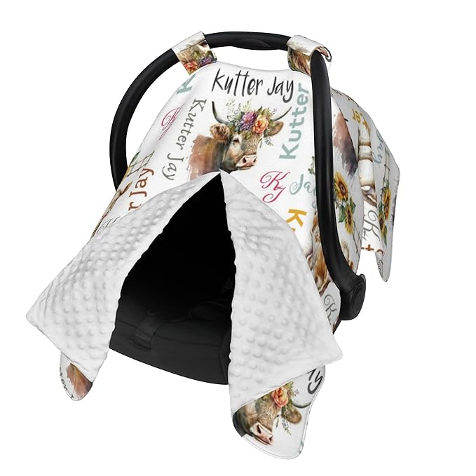 Personalized Winter Carseat Cover for Baby Custom Name Car Seat Canopy for Newborn Baby Boys Girls 2 in 1 Mom Nursing Breastfeeding Covers Cow Minky Baby Carrier Stroller Covers