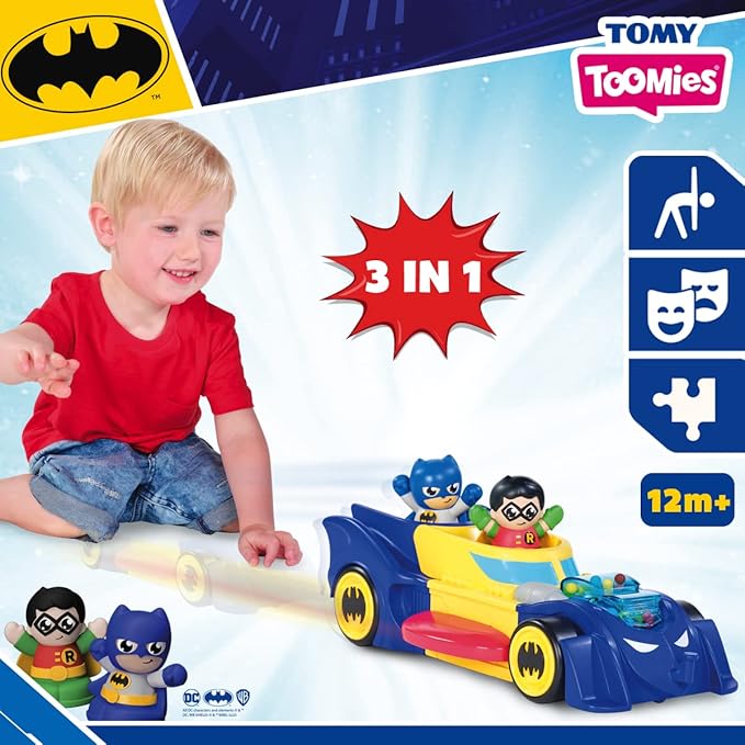 Toomies DC Comics Batman E73262 3 in 1 Vehicle Transforms into Mini Batmobile and Jet, Engine Popping Effect, Flywheel Drive Push Along, from 12 Months