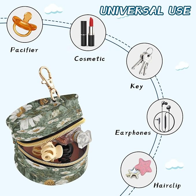 Pacifier Holder with Clip Pacifier Case for Diaper Bag Round Baby Pacifier Pouch Box Bag Portable Summer Daisy Butterfly Green