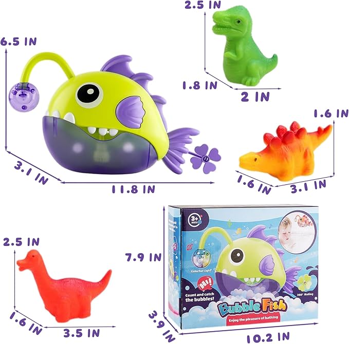 Baby Bath Toys for Toddlers, Light Up Fish Bubble Machine with 3 Dinosaur Water-Activated Toys, Shower Bathtub Toys for Kids Ages 3-8, Birthday Gift Easter for Boys Girls (Green)