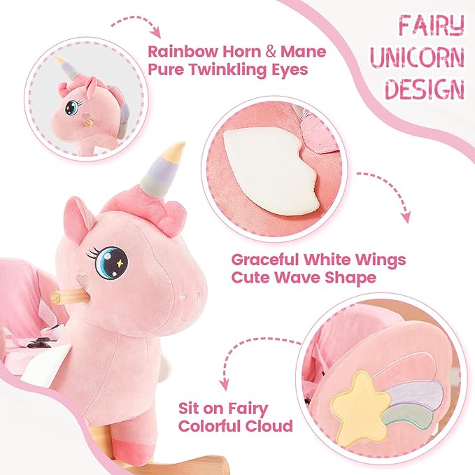 FUNLIO Unicorn Baby Rocking Horse, Pink Fairy Unicorn Rocking Horse for Toddlers 6 Months to 3 Years, Stuffed Ride-on Animal Rocker, Easy to Assemble, CPC & CE Certified