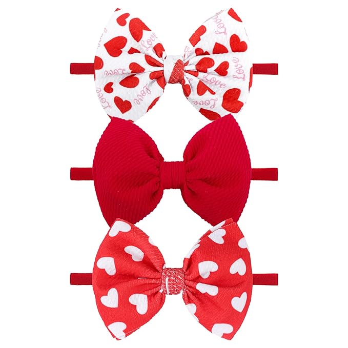 Baby Girl Bows Valentines Headbands Red Love Heart Hairbands 4.5'' Hair Bow Elastic Nylon Hairbands Hair Accessories for Newborn Infant Toddler 3Pcs
