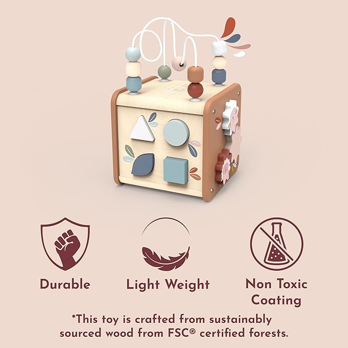 Speedy Monkey 5-in-1 Activity Cube, Educational Wooden Toy with Bead Maze, Shape Sorter, Gears, Puzzle & More, Develops Social, Communication & Numeracy Skills, Non-Toxic Paint, Ideal for Kids