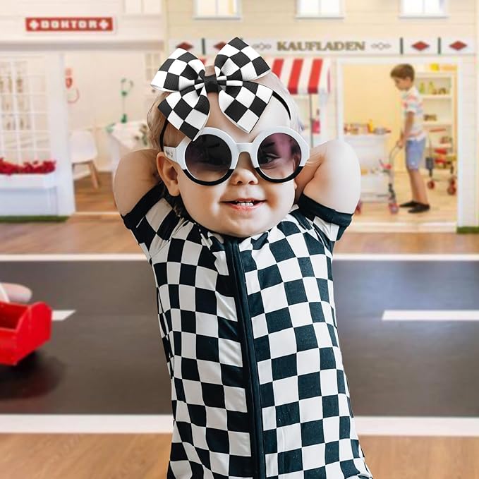 Black Hair Bows for Girls Racing Checkered Baby Bow Checkered Flag White Bow Elastic Nylon Headband for Infant Toddler Newborn Hair Accessories Gift