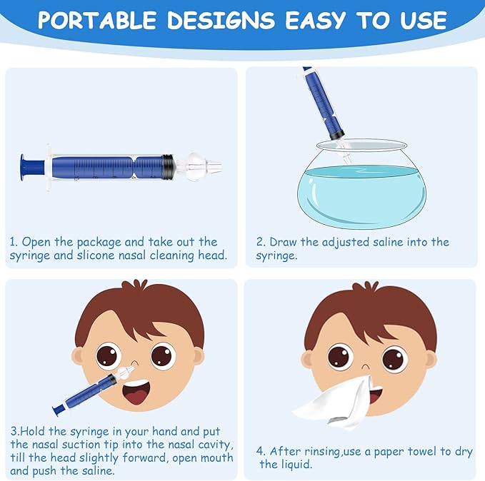 Vicloon Baby Nasal Irrigator, 4PCS Nasal Syringe for Baby, Syringe Nasal Irrigator with Cleanable and Reusable Silicone Nasal Suction Tip forIrrigation, Nasal Spray, Nasal Hygiene（Color）