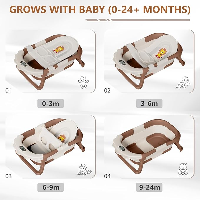 MoreFeel Foldable Baby Bathtub with Thermometer - 4-in-1 Grow-with-Me Collapsible Infant Tub (Newborn to Toddler) with Adjustable Mesh Sling - Space Saving Design