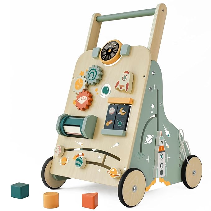 Adjustable Wooden Baby Walker – Montessori Push Toy for 1 Year Old with Rocket-Themed Activity Center, Sit-to-Stand Walker Gift for Boys and Girls