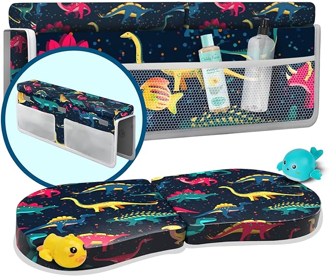 Baby Bath Kneeler and Elbow Rest Pad 2 Pieces Set with 3 Spacious Pocket to Organize Baby Acessories, 1.5" Thick Non-Slip, Soft, Fast-Drying Foldable Toddler Bath (Multi-Color Dino)