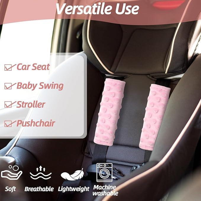 Baby Car Seat Strap Pads, Car Seat Strap Shoulder Covers for Baby Infant Toddler, Double-Sided Car Seat Belt Covers for Stroller/Pushchair/Baby Swing, Soft Flannel & Mesh, Pink