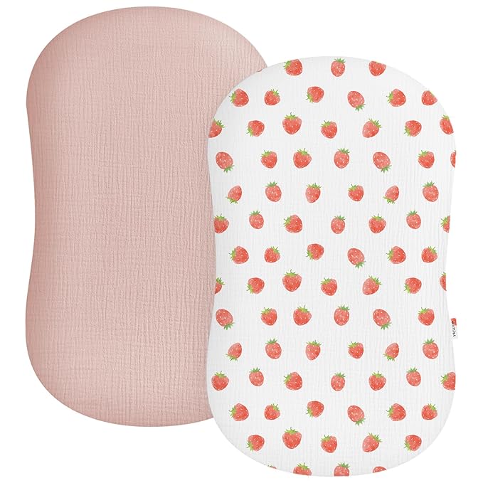 Muslin Baby Lounger Cover 2 Pack, Soft Breathable Newborn Lounger Pillow Cover for Boys Girls Infant (Strawberry & Pale Pink)