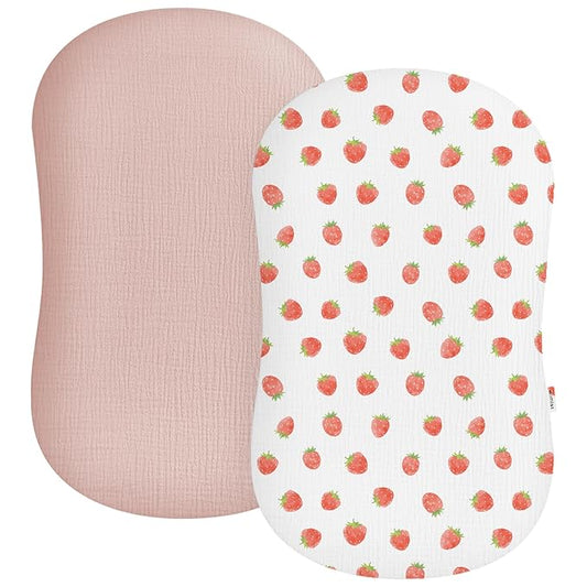 Muslin Baby Lounger Cover 2 Pack, Soft Breathable Newborn Lounger Pillow Cover for Boys Girls Infant (Strawberry & Pale Pink)