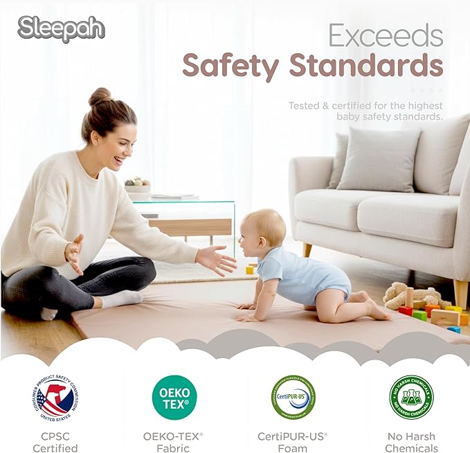 Baby Play Mat for Floor (50" x 50") Waterproof Vegan Leather - Easy to Clean w Removable Cover - Mat for Tummy Time - Padded Thick 1.5" Foam Support Non-Slip Bottom for Infant Kids and Toddler (Tan)