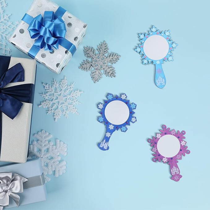Thyle 16 Pack Princess Wonderland Mirrors Crafts Winter Snow Princess Snowflake Wooden Mirror Craft Kits Decorate Your Own Snowflake Kits for Winter Christmas Party Decorations Birthday Supplies Gift