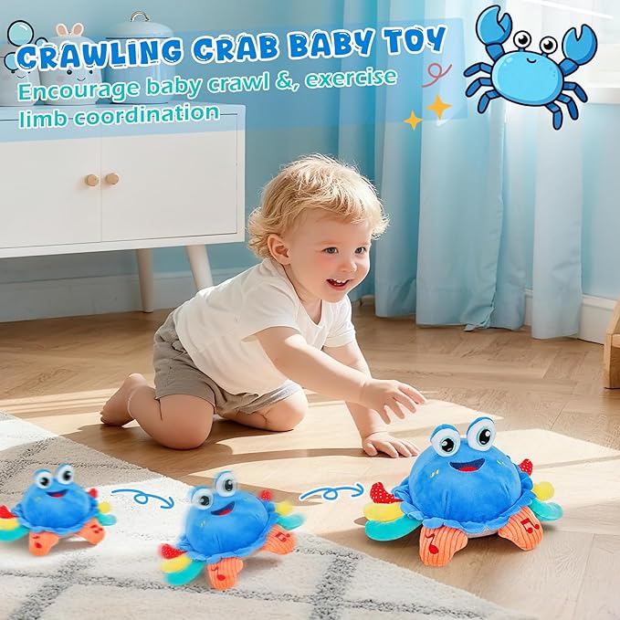 Baby Toys 1 Year Old 6-12 Month Tummy Time Toys Crawling Musical Crab Plush Toy Dancing Walking Moving Bouncing Sensory Toys for Toddlers, Valentine Gifts for Kids