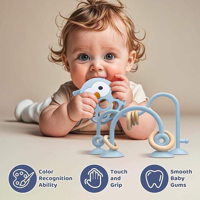 Baby High Chair Suction Toys Teething Chew - Baby Teething Table Toys Silicone Teethers, Food Grade Silicon for 6 12 18 Months (Blue)