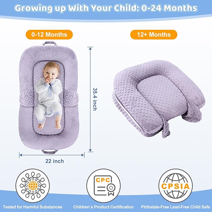 Baby Lounger for Newborn,0-12 months,Foldable Soft Infant Lounger pillow for Home and Travel, Baby Nest Lounger with cover,Multi-Use Portable baby lounger for Supervised Play&Tummy Time, Purple