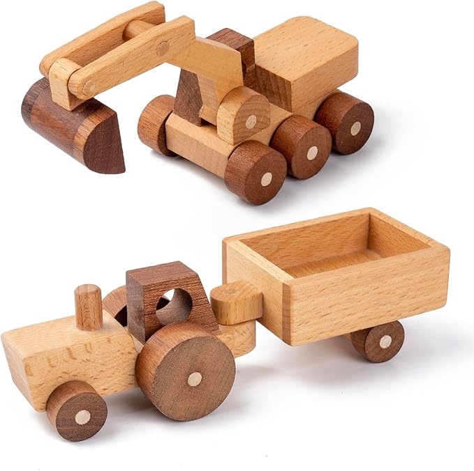 Wooden Toy Cars for 3 Year Old Boys & Girls - Construction Vehicles Set Push Toys for Toddlers, Wood Montessori Car with Rolling Wheels, Natural Wood Toys (Excavator & Tractor)