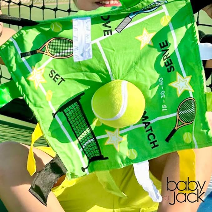 Baby Jack & Co 10x10” Tennis Sports Lovey Sensory Plush Blanket - Tag Toys for Babies - Baby Stroller Toys - Learn Shapes, Letters & Colors - Perfect MVP Baby Toy & Baby Sports Gift w/Stroller Clip