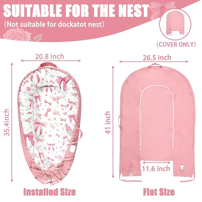 Baby Lounger Cover for Boys Girls, Reversible Baby Nest Cover, Adjustable Baby Lounger Replaceable Cover for Infant Newborn, Portable and Machine Washable, Cotton Pink Rose Cover Only
