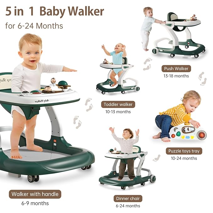 Baby Walker with Wheels Music and Lights with 9 Adjustable Heights Anti-Fall Baby Walker and Bouncer Combo for Boys Girls Babies 6-18 Months (Green and White)