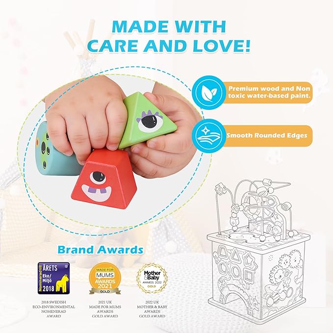 Pre-Assembled 9 in 1 Wooden Activity Cube. Educational Learning Toy for Kids with Bead Maze, Shape Sorter and Music Gears and More. for Toddlers 18 Month+. Birthday Gifts for Boys and Girls