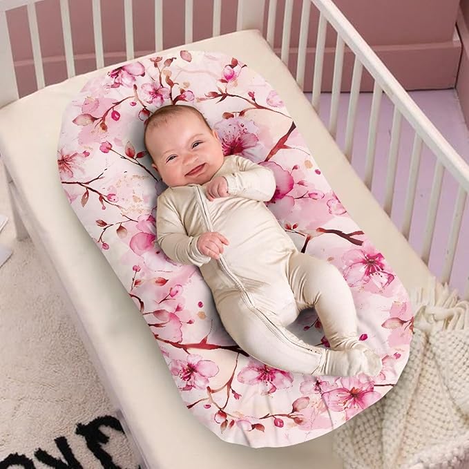 Cherry Blooms Baby Lounger Cover for Girls Pink Newborn Lounger Cover Removable Nest Slipcover Soft Comfortable 31.5'' x 21.3'' Snuggle Me Covers
