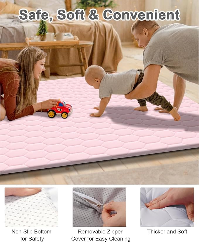 TINYHARBO Premium Foam Baby Play Mat 71" x 59" with Removable Cover, Extra Thick Padding Playpen Mat, Non-Slip Floor Mat, Stylish & Easy to Clean for Crawling Baby, Infants & Toddlers, Pink