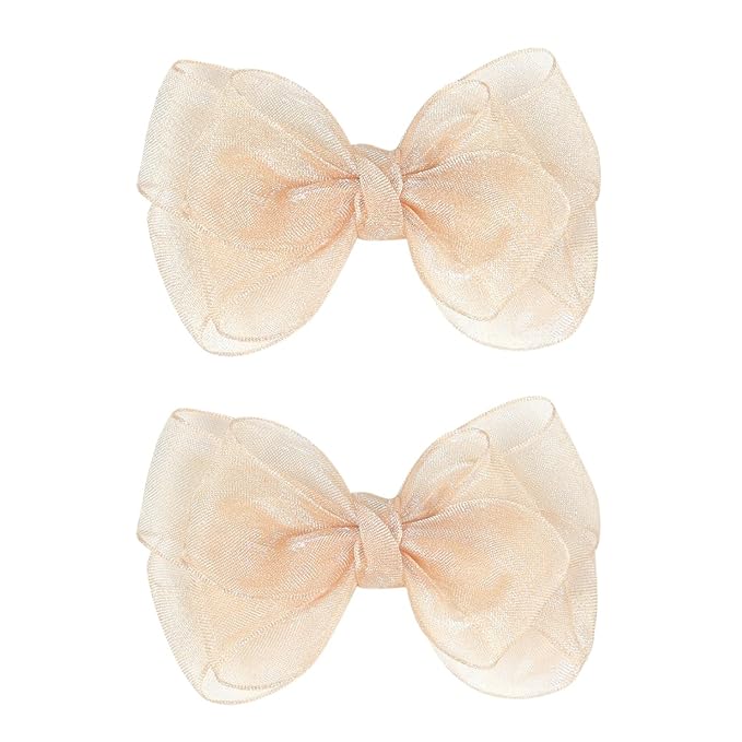 3.5-Inch Organza Hair Bows for Girls - Elegant Sheer Ribbon Alligator Clips for Toddlers, Kids, and Teens - Pack of 2, Champagne Gold
