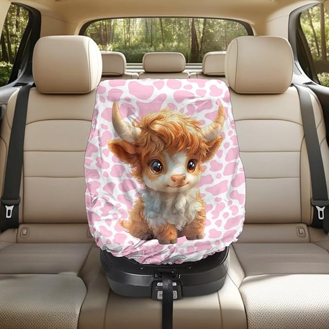 XYZCANDO Cow Print Car Seat Covers for Babies Girl Highland Cow Baby Car Seat Cover for Travel Easy to Install Baby Car Seating Sun Shade Cover for UV Rays Protective Car Accessories 2025