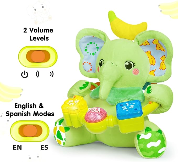 Ryotagift Baby Bilingual Musical Elephant Stuffed Animals Toys,Infant Early Learning Toy with Light-Up Music & Crinkle,Tummy Time Toys for 0 3 6 9 12+ Months for Baby Boy Girl Gift,Green