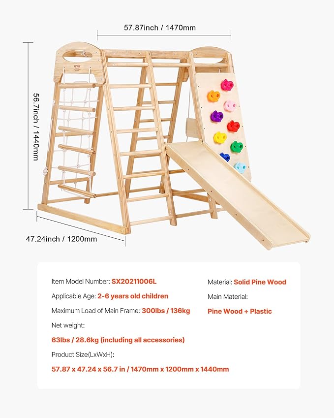 VEVOR Indoor Jungle Gym, 7-in-1 Toddler Indoor Playground, 47.2 x 58 x 56 inch, with Wood and Rope Ladder, Net Ladder, Swing, Monkey Bar, Slide, Climbing Wall, Wooden Indoor Climbing Toys for Kids