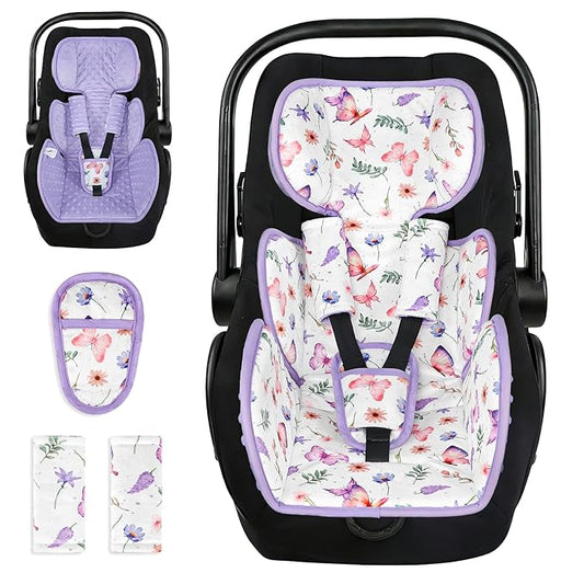 Infant Car Seat Insert with 3 Straps Covers, Ultra-Thick Baby Car Seat Head Support for Side Impact Protection, Minky Dot Baby Car Seat Cushion, Universal Purple Carseat Head Support for Newborn