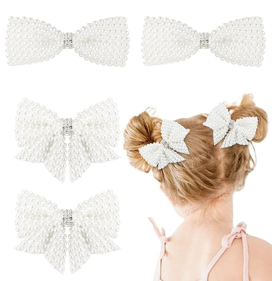 4Pcs Pearl Hair Bows for Girls, White Butterfly Flower Hair Bow Clip Wedding Hair Accessories for Baby Infants Toddlers Kids (Small size-B)