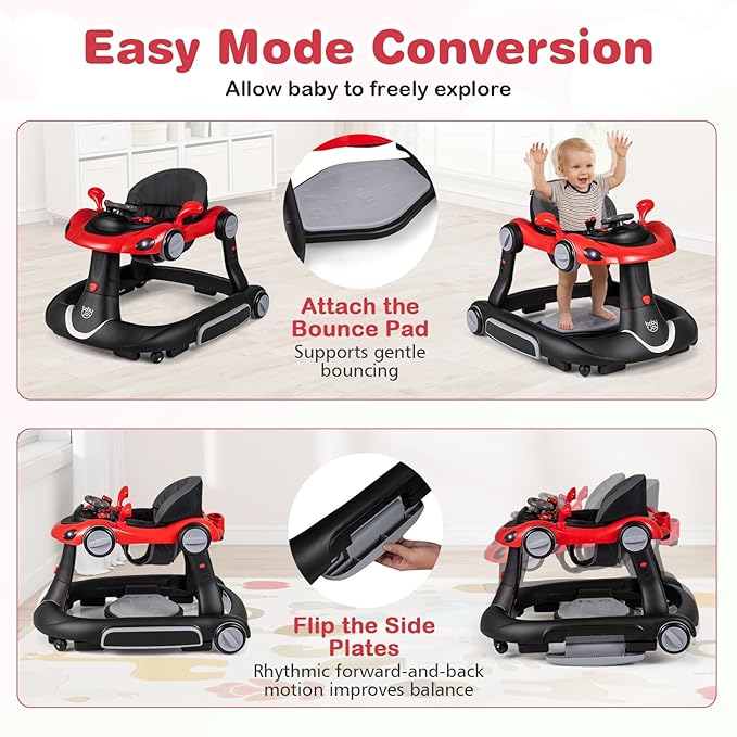 BABY JOY 7-in-1 Baby Walker, Foldable Baby Walker and Bouncer Combo with Handle, Adjustable Height & Speed, Music, Lights, Rocker/Push Mode, Baby Walker with Wheels for Boys Girls 7-18 Months (Red)