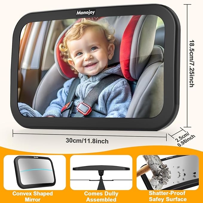 MONOJOY Baby Car Mirror Travel Car-Seat Infant Mirrors Safety Kids Rear View for Rear Facing with Wide View 360° Rotating|Adjustable|Shatterproof Convex Child Mirror, 11.8 ″ x 7.25 ″, Black